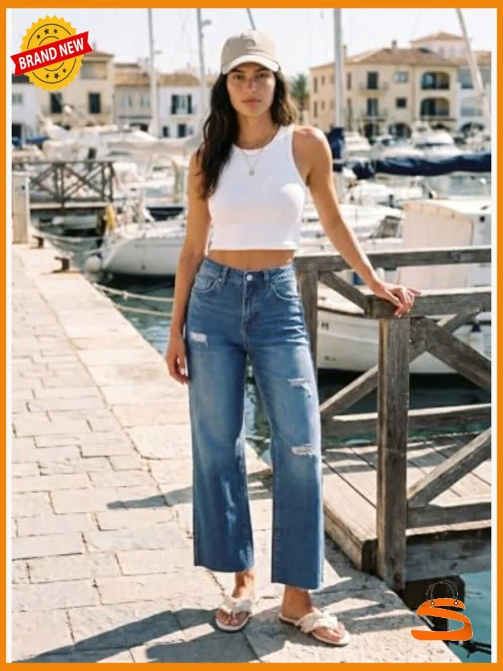 High Waist Baggy Wide Leg Jeans 8 Points Length Stretch Denim